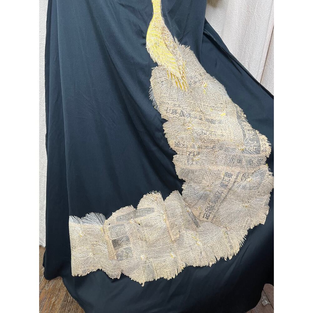 1960s Handmade Black Gold Thread Oriental Peacock Bird Mod Asian Maxi Dress M - Picture 14 of 14